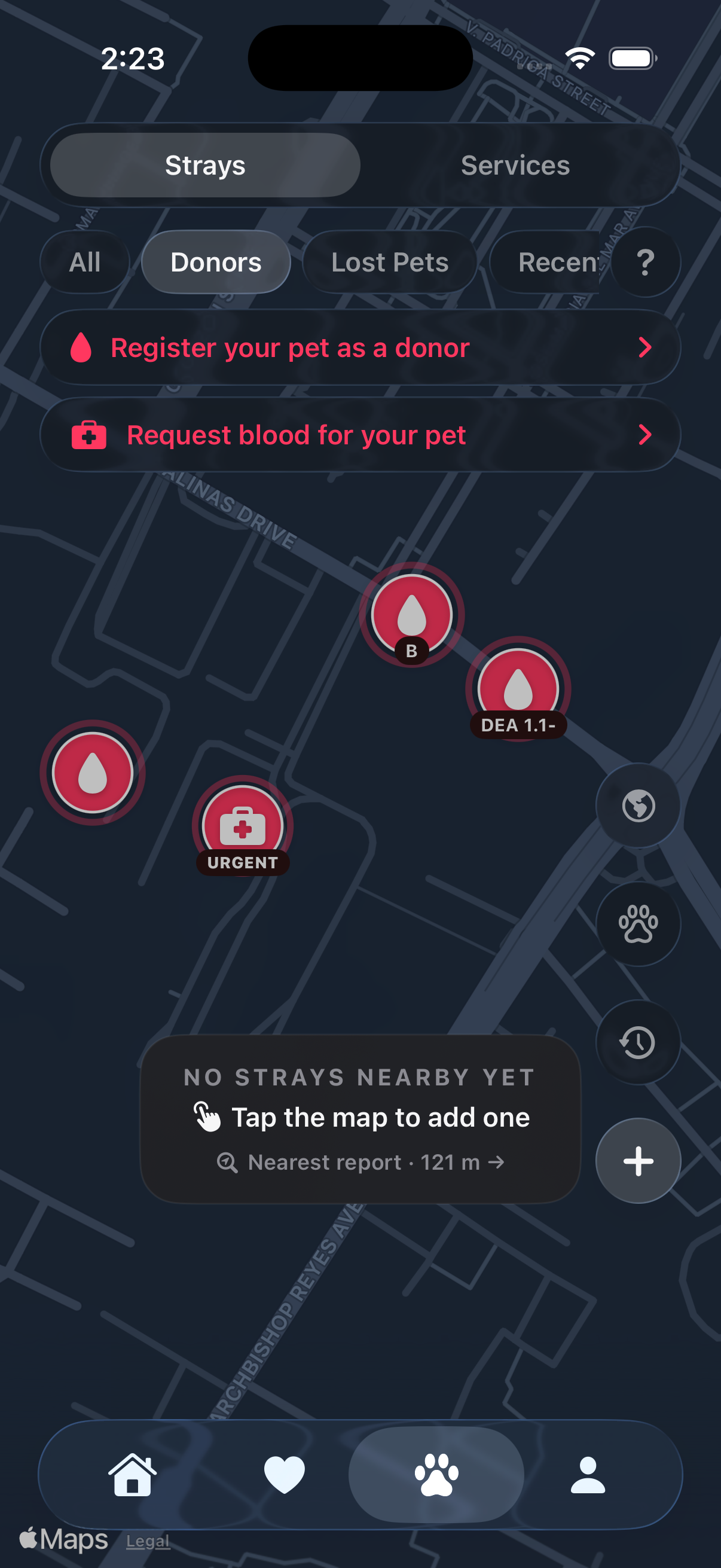 Donor map — filter to Donors, blood-type pins and an urgent flag