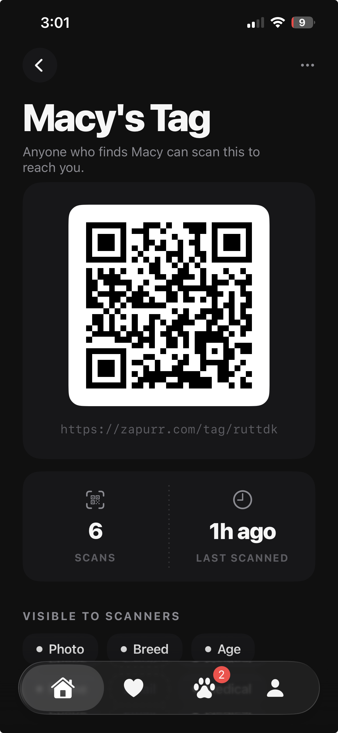 Macy's tag — QR code, scan count and what's visible to scanners